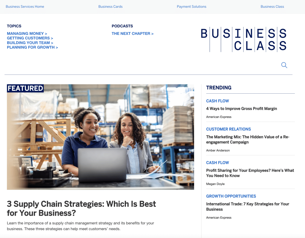 screenshot shows American Express’s Business Class as an example of one way to humanize content