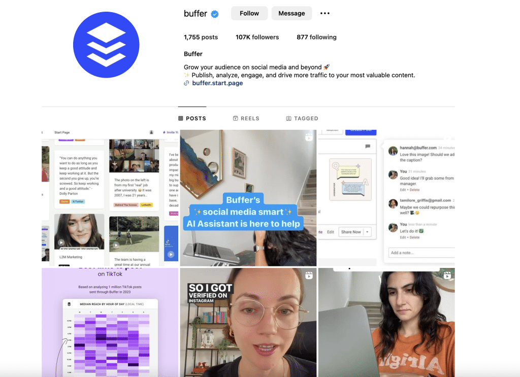 Screenshot shows example of Buffer’s social media and how they use it to connect and learn from others