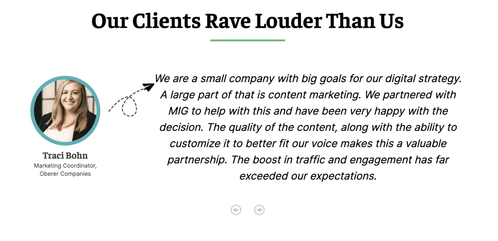 screenshot shows Marketing Insider Group’s testimonials on website
