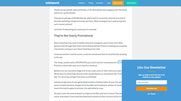 Wishpond uses slide-in pop-ups for lead generation through blogging.