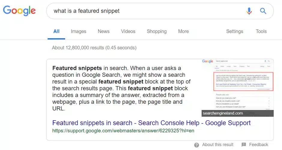 A Google page defines a featured snippet using a featured snippet, one of the best SEO tips for formatting with headings.