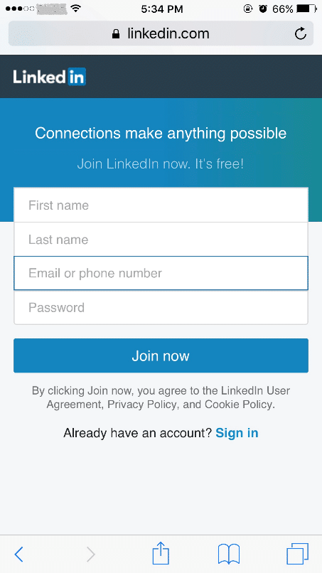LinkedIn Mobile Signup Form