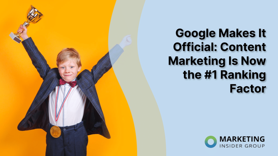 happy boy in suit holds trophy and wears gold metal after using content marketing as the main ranking factor on Google