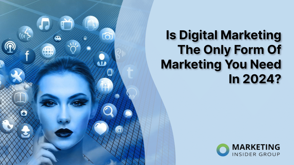blue woman is surrounded by icons that represent digital marketing and offline marketing