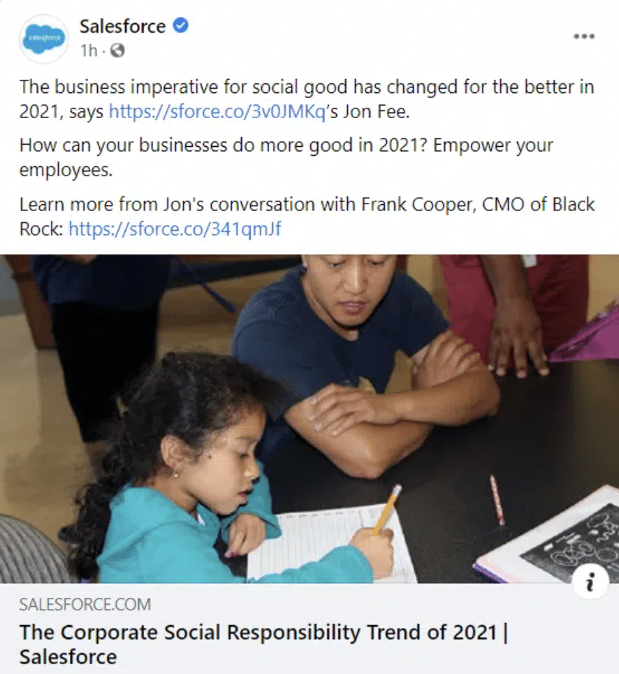 screenshot shows social media post about Salesforce's corporate social responsibility
