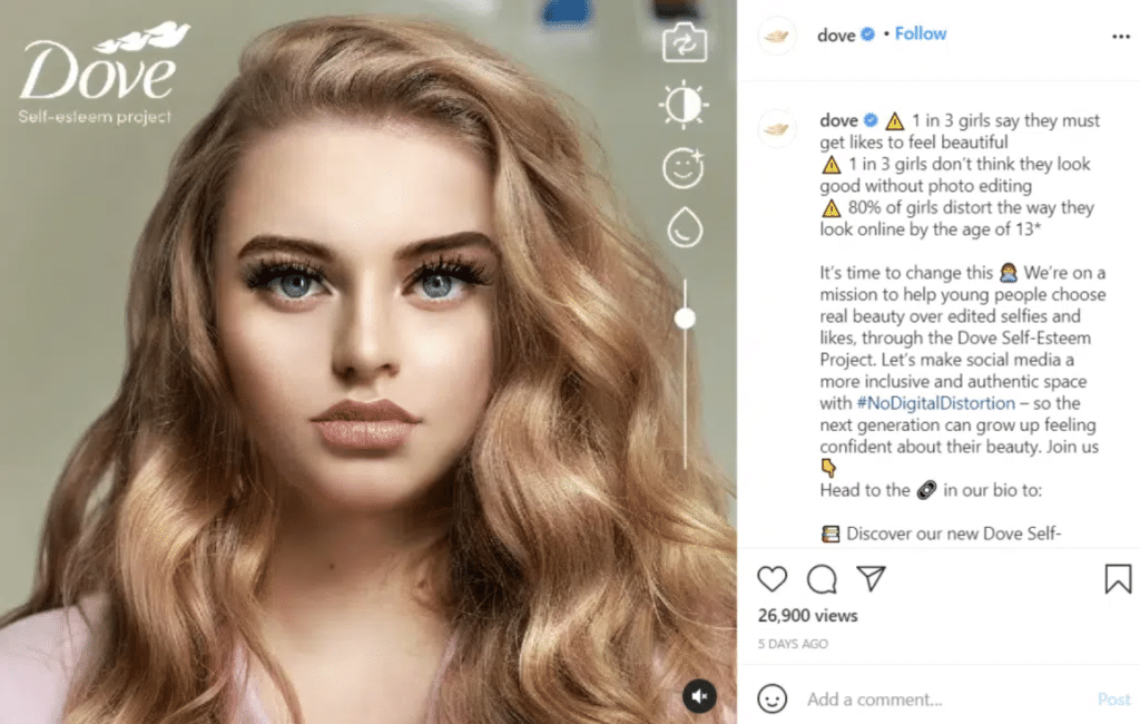 screenshot shows Dove Beauty's instagram post