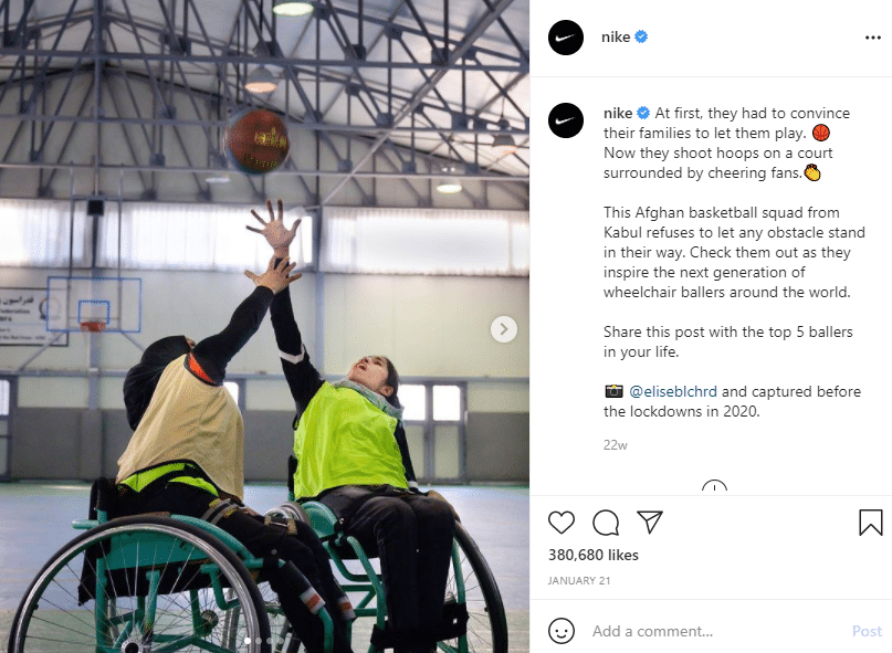screenshot of Nike’s instagram post shows an example of the company as one of the best brands on social media