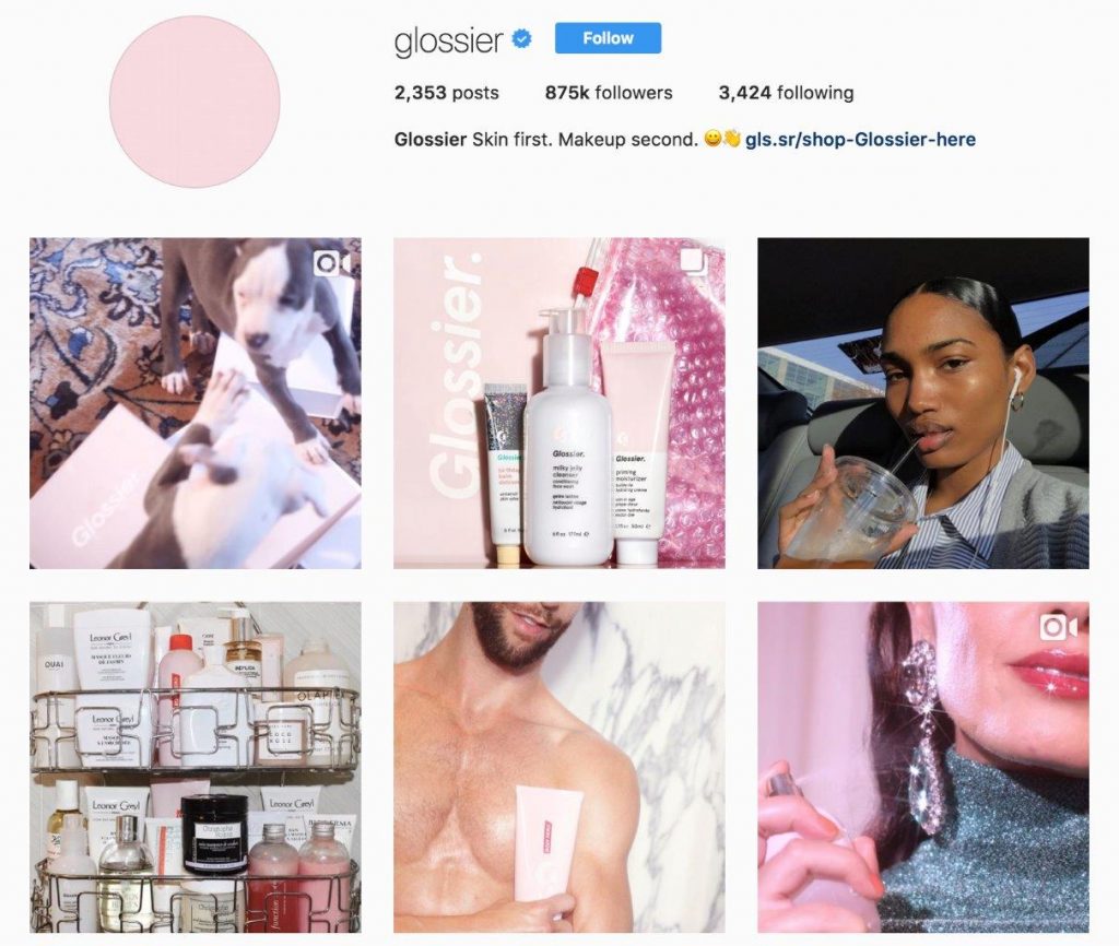 screenshot of Glossier’s instagram page shows user-generated content