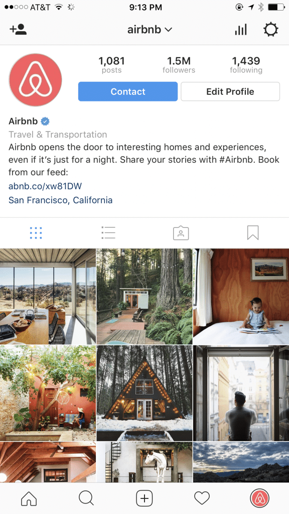 screenshot shows Airbnb’s instagram page as example of great social media