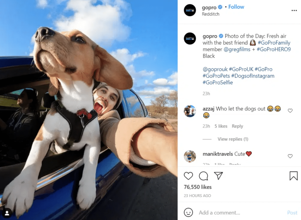 screenshot of GoPro's instagram post shows the brand as an example of a company with good social media marketing
