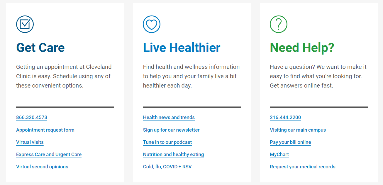 Alt text: Screenshot of the Cleveland Clinic homepage with CTAs encouraging visitors to “Get Care,” “Live Healthier,” and ask questions. 