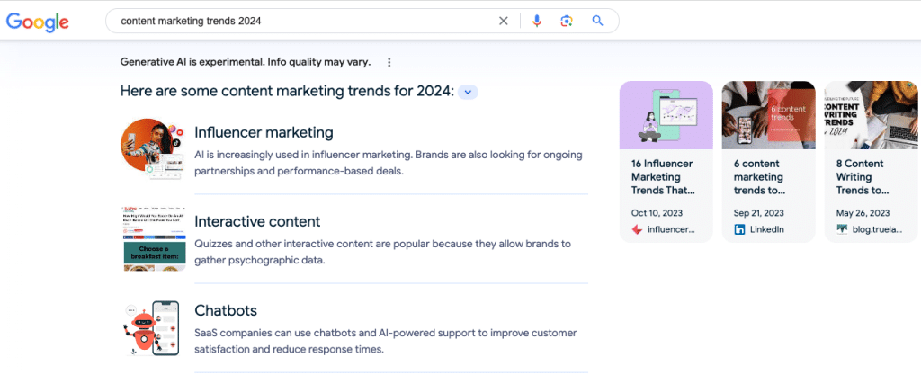 screenshot of generative search experience for marketing trends 2024