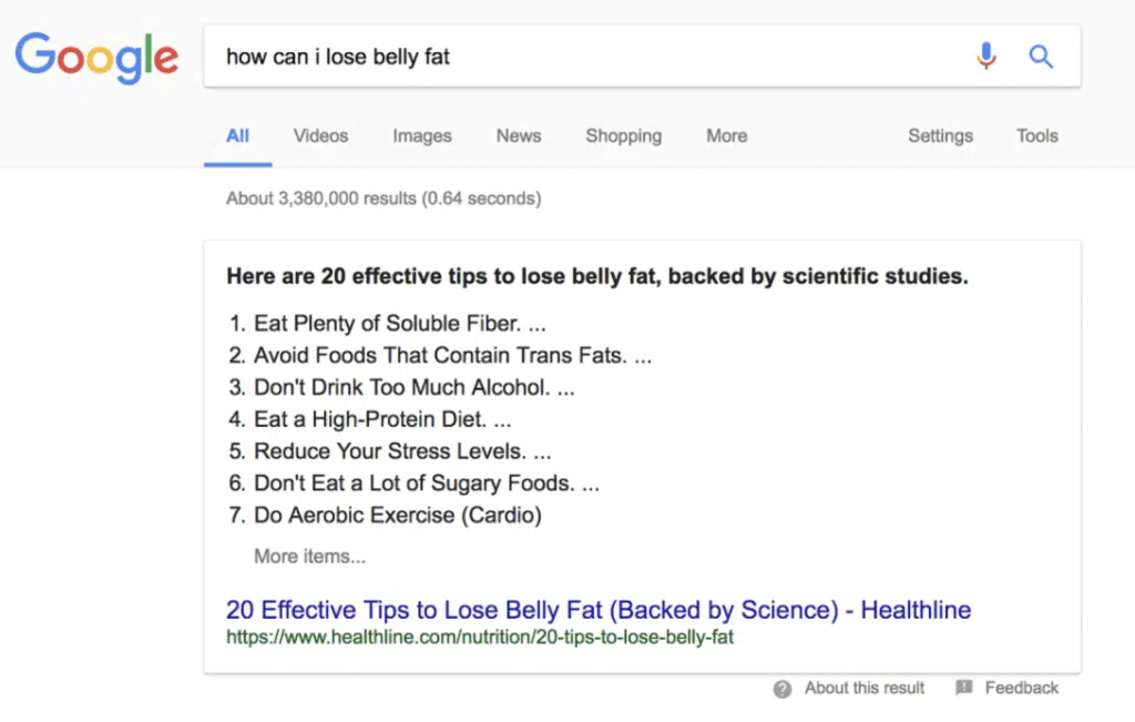 screenshot shows example of featured snippets on Google SERPs