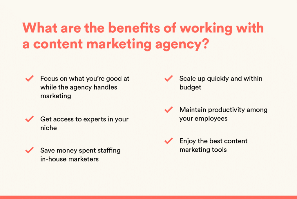 graphic shows six primary benefits of working with a content marketing agency
