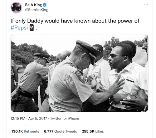 Bernice King tweet mocking Pepsi’s ad featuring Kendall Jenner.