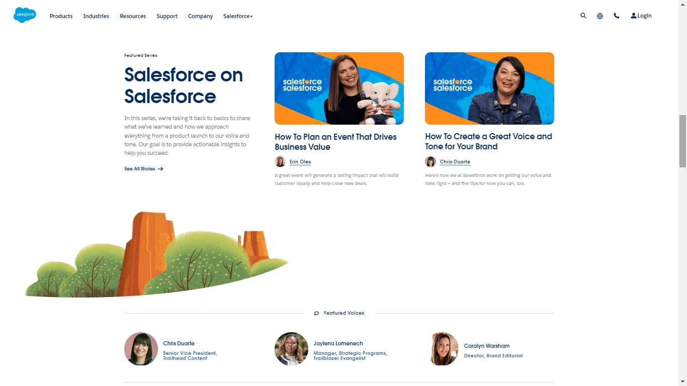 Salesforce optimizes their blog page by highlighting categories, featured series, editors’ picks, and features writers.