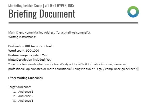 A portion of Marketing Insider Group’s client briefing document.