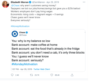 Elizabeth Warren responds to Chase Bank tweet about overspending.