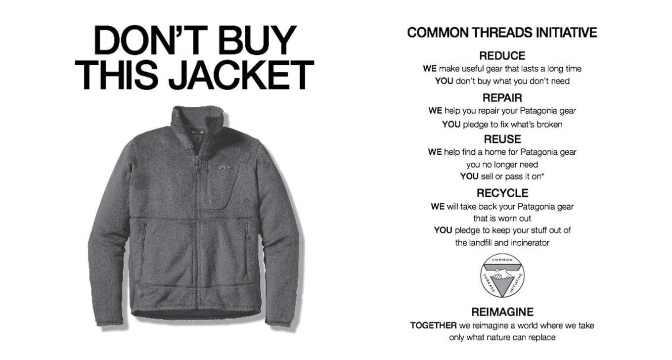 Patagonia’s “Don’t Buy This Jacket” ad, which showcases exceptional purpose-driven brand storytelling.