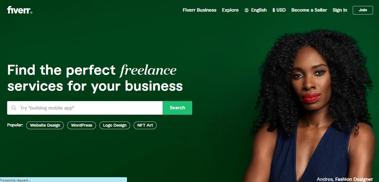 Fiverr homepage featuring a search tool to find blog article writers.