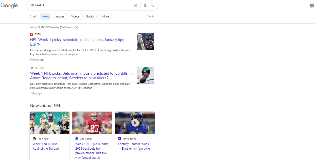 Example of Google’s content aggregation delivering results for a Google search “NFL week 1”