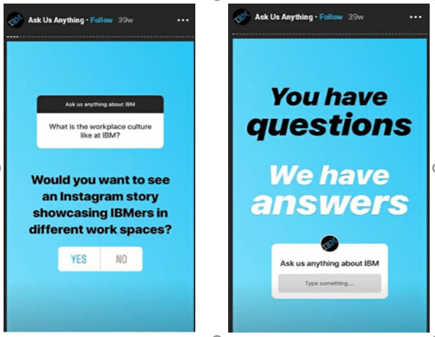 an example of IBM posting "askme anything" to their instagram story