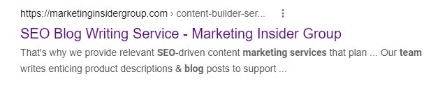 Marketing Insider Group’s brand name appears in the SERP listing for its SEO Blog Writing Service page.