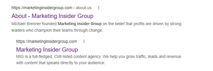 Marketing Insider Group’s brand name appears in the SERP listing for its “about” page.