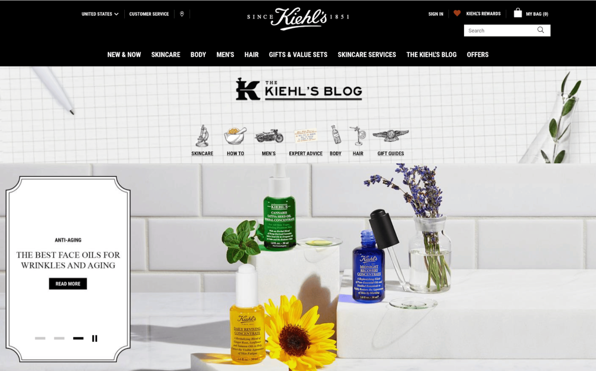 Kiehl's blog page is organized for ease of use and optimizations for content marketing