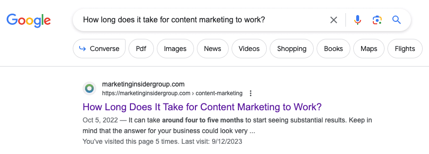 marketing insider group ranks for the search "how long does it take for content marketing to work"