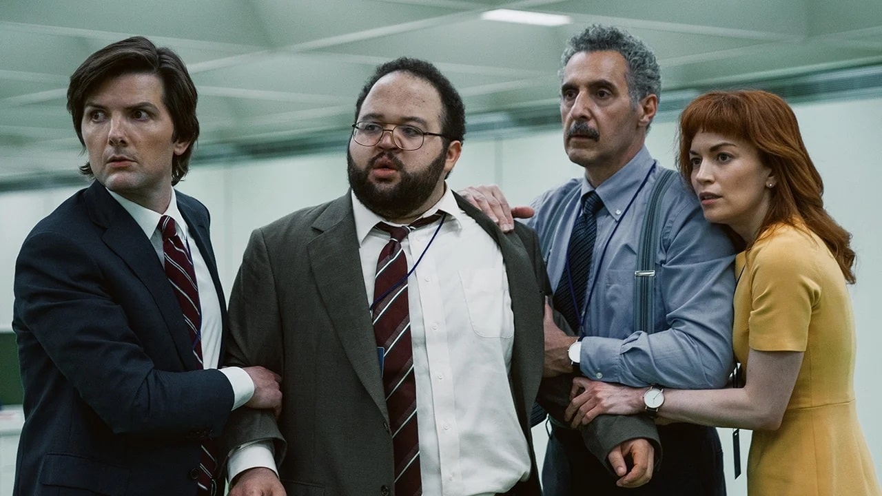 The cast of Apple TV’s Severance looking on as they notice something’s not quite right at their job.