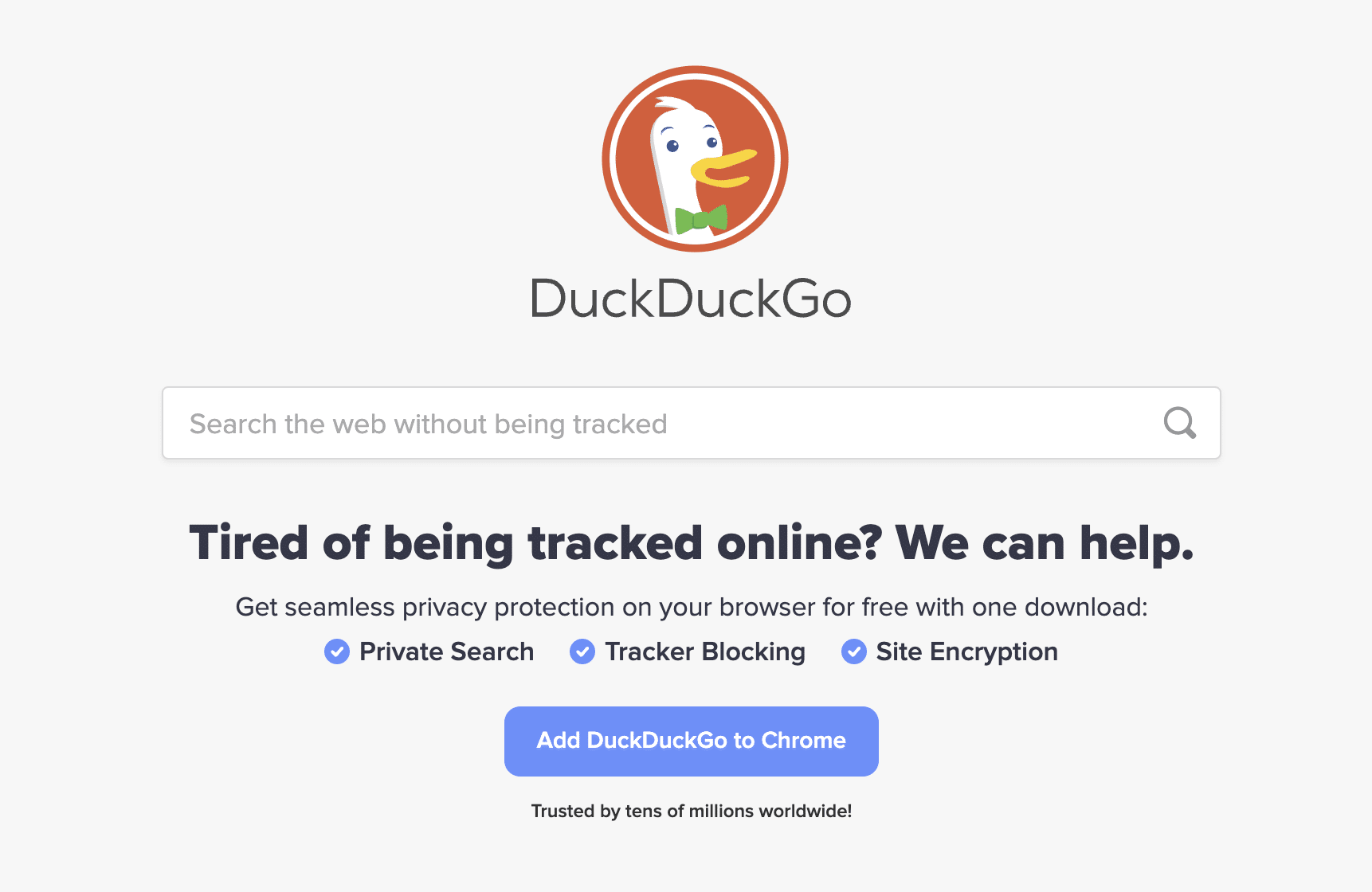 screenshot shows alternative search engine landing page for DuckDuckGo