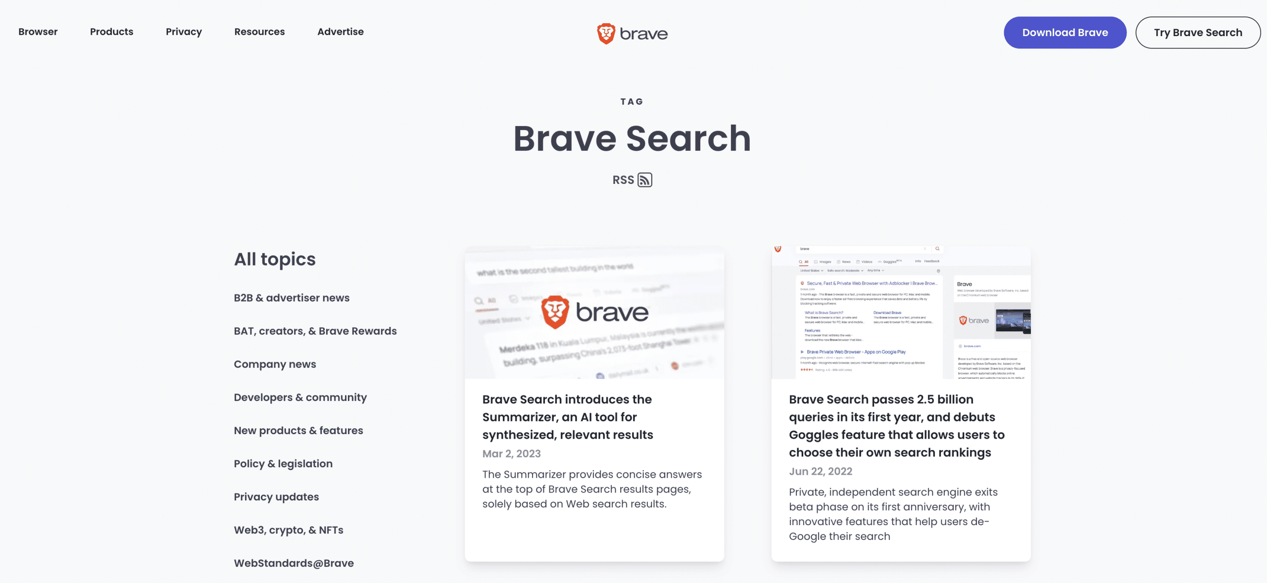 screenshot shows landing page for brave search engine