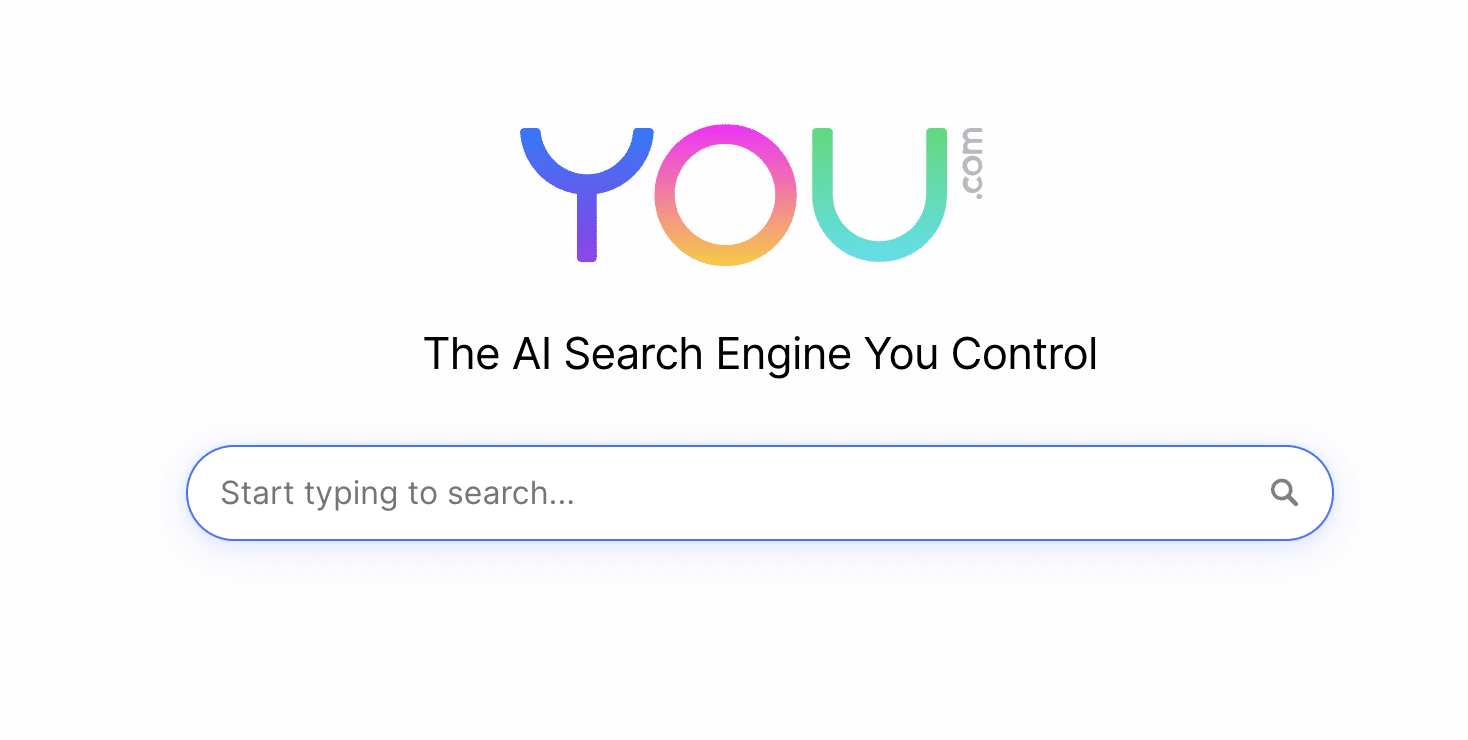 screenshot shows landing page for you search engine