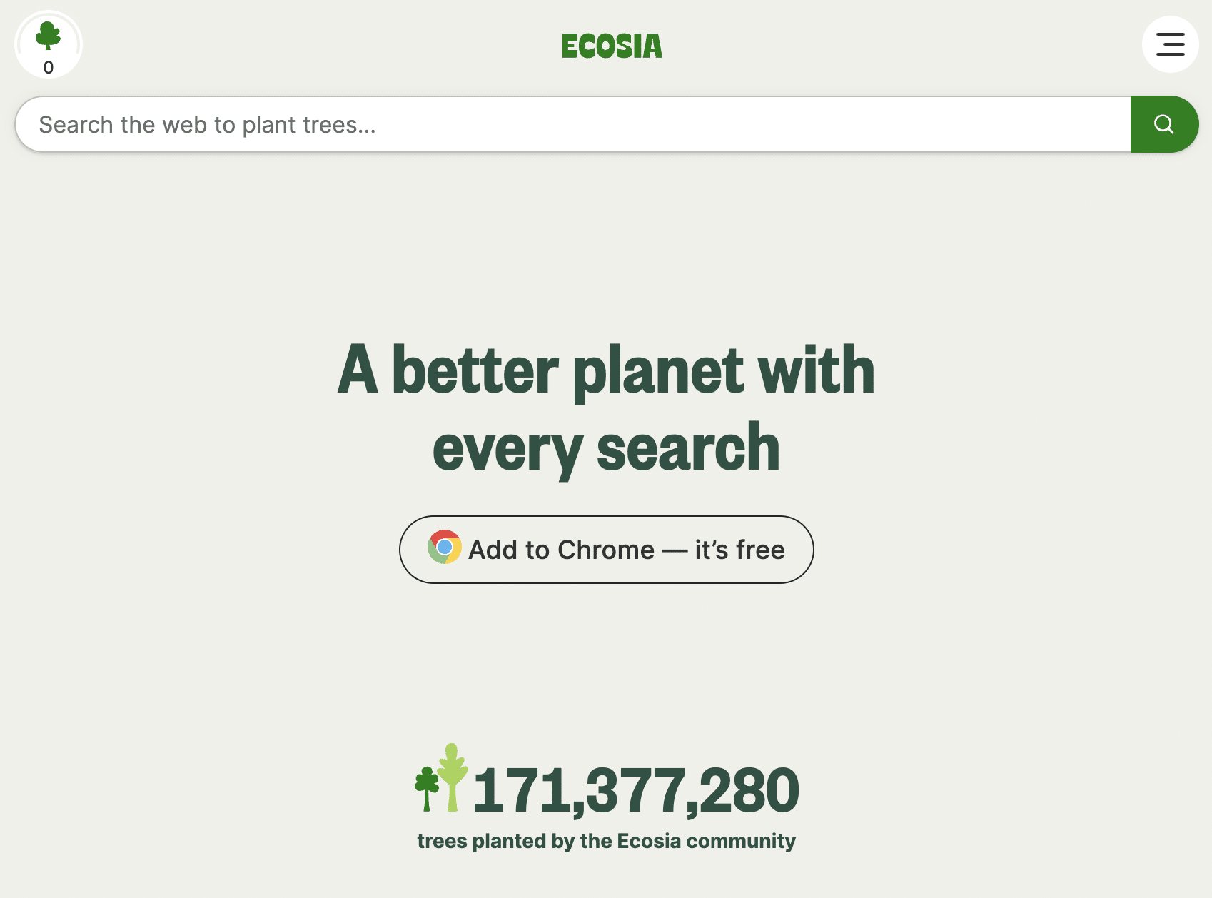 screenshot shows landing page for ecosia