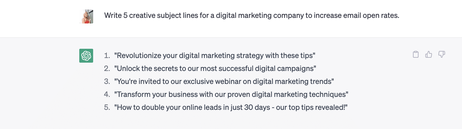 screenshot shows response from ChatGPT when asked to write 5 creative subject lines for a digital marketing company to increase email open rates