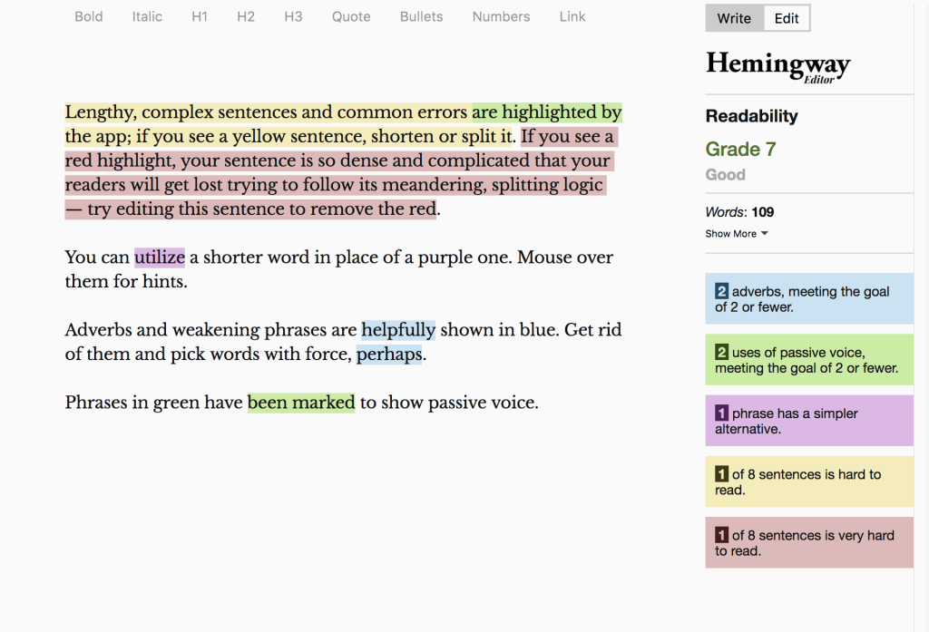screenshot shows example of The Hemingway Editor in action