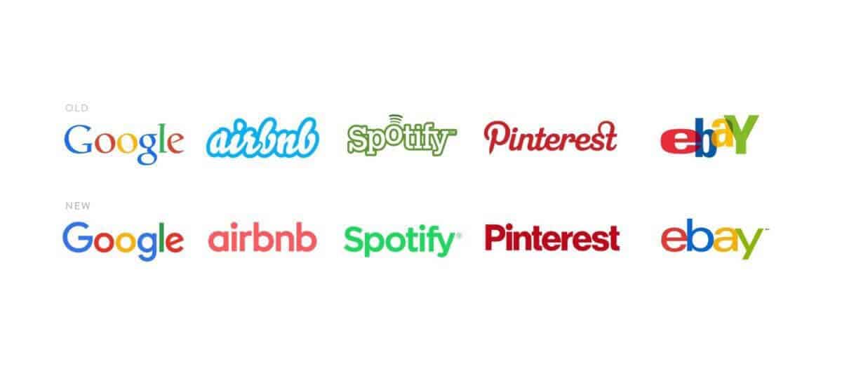 a collection of popular logos (google, spotify, pinterest, etc.) then vs. now