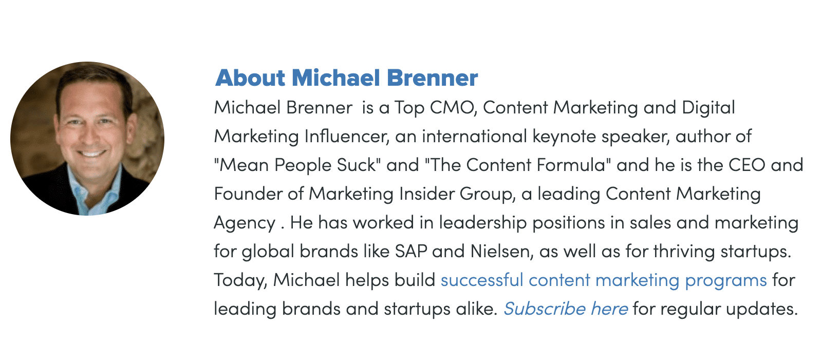 screenshot shows example of Michael Brenner’s Marketing Insider Group byline