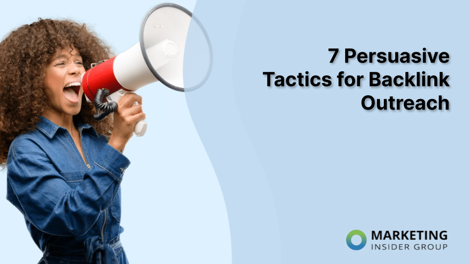 Woman wearing jumpsuit shouting into a megaphone sharing persuasive tactics for backlink outreach