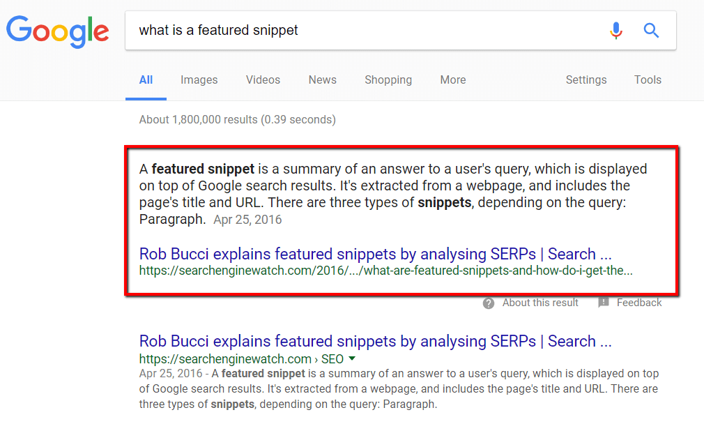 graphic shows screenshot example of paragraph snippet as one of the many types of featured snippets