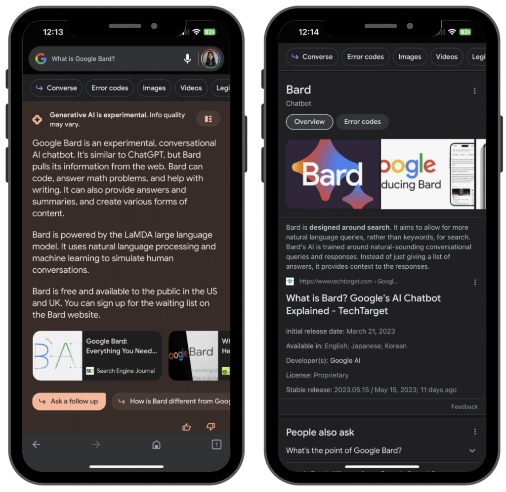 image shows 2 mobile views of Google Searches for Google’s Bard