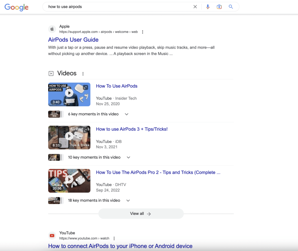 screenshot shows videos ranked higher than text-based content on Google