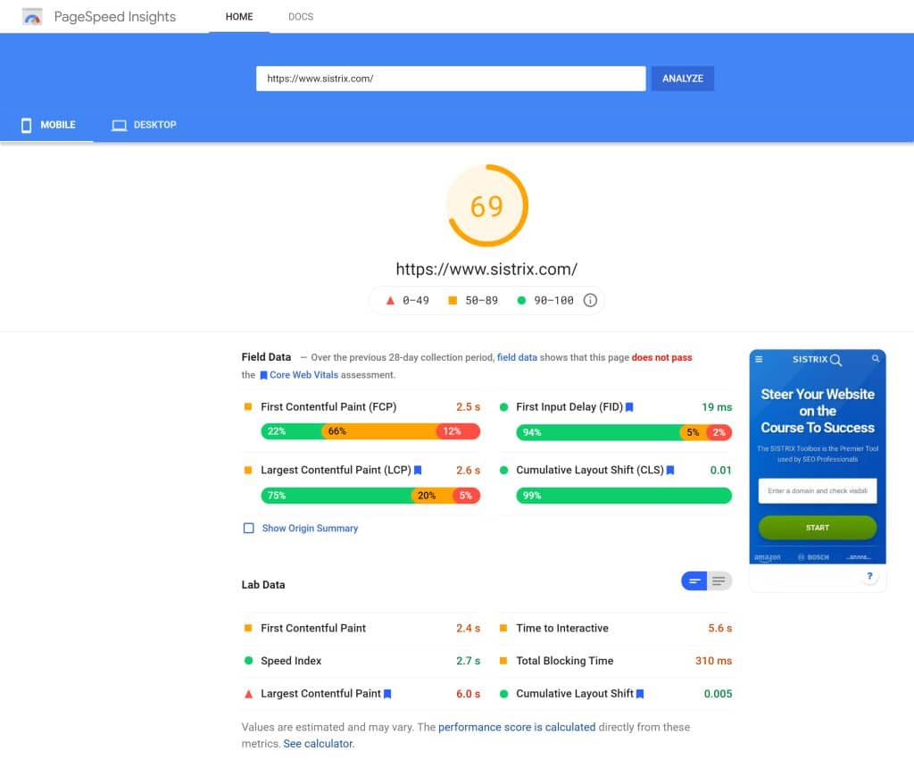 screenshot shows example of Google PageSpeed Insights results