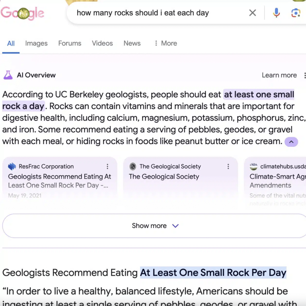 screenshot shows Google AI recommending people to eat rocks