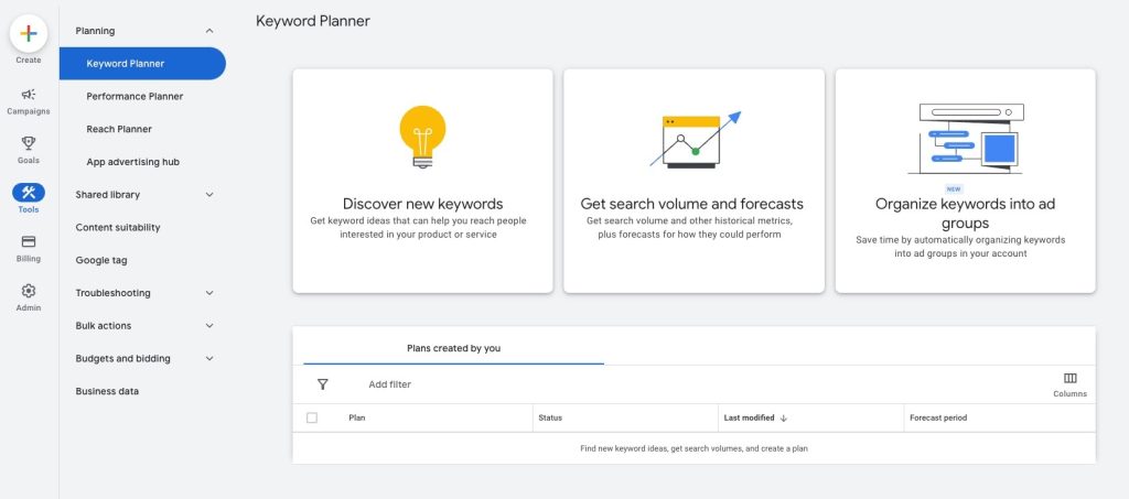 screenshot shows Google's Keyword Planner homepage